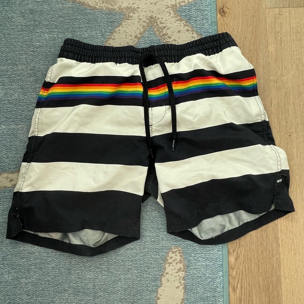 Vans Black and White Board Shorts with Nautical Stripes
